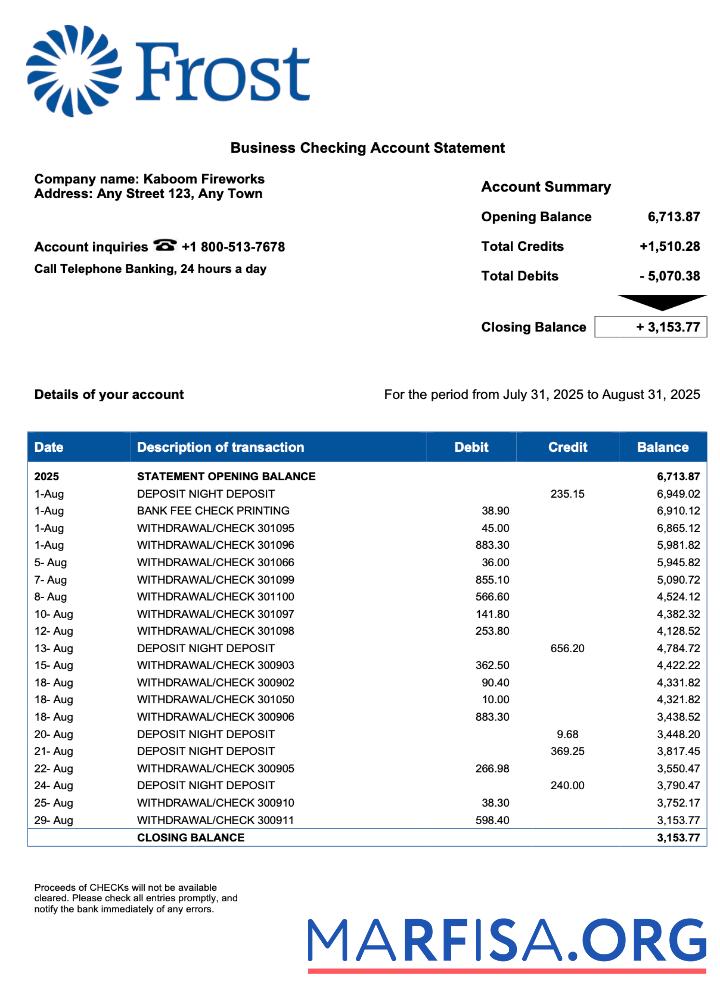 Blank USA Frost enterprise statement Word and PDF format real example